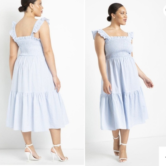 Eloquii Smocked Bodice Ruffle Day Dress Blue Size 14/16 - Picture 4 of 8